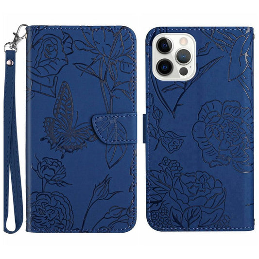 HT03 For iPhone 16 Pro Case Butterfly Flower Imprinted PU Leather Phone Cover - Blue
