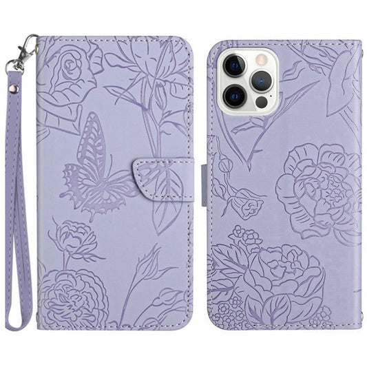HT03 For iPhone 16 Pro Case Butterfly Flower Imprinted PU Leather Phone Cover - Purple