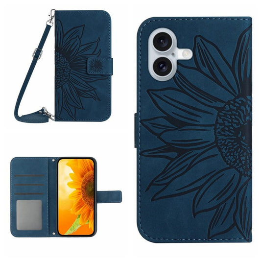 HT04 For iPhone 16 Plus Case with Shoulder Strap Leather Phone Cover Sunflower Pattern - Dark Blue
