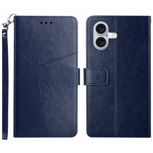 HT01 For iPhone 16 Plus Case Flip Leather Wallet Phone Cover with Y-Shaped Lines - Blue