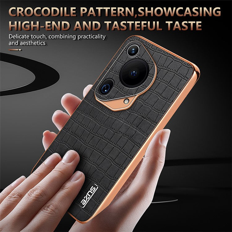 AZNS For Huawei Pura 70 Ultra Case Leather Electroplating Phone Cover Crocodile Pattern Textured - Black