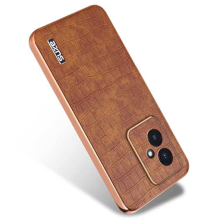AZNS For Honor 100 5G Case Crocodile Texture Leather+TPU Cover Electroplating Frame - Brown