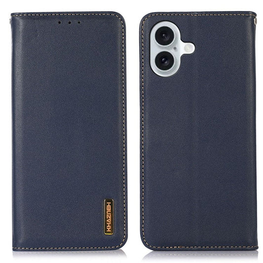 KHAZNEH For iPhone 16 Plus Case Genuine Cow Leather Phone Cover Nappa Texture - Blue