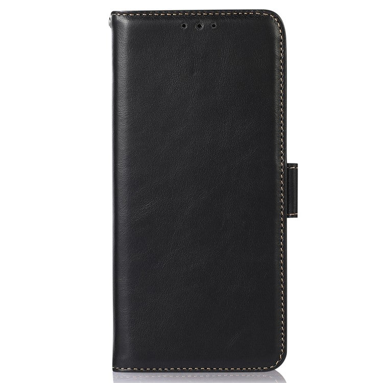 For iPhone 16 Case RFID Blocking Genuine Cow Leather Purse Flip Cover Crazy Horse Texture - Black