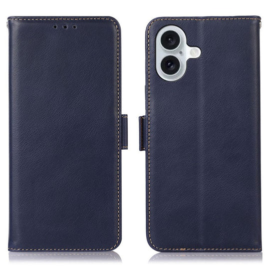 For iPhone 16 Plus Case Genuine Cow Leather Phone Cover with Card Holder RFID Blocking - Blue