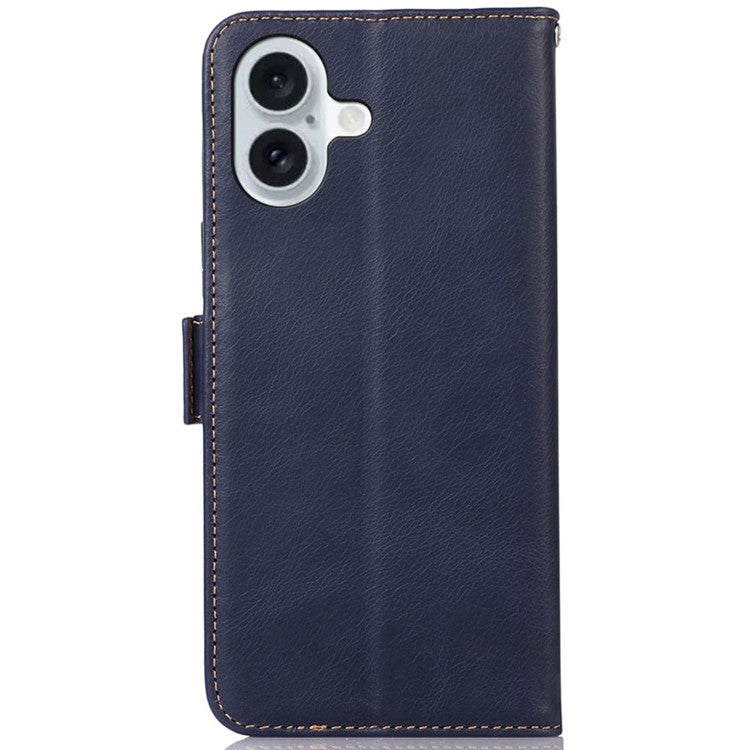 For iPhone 16 Plus Case Genuine Cow Leather Phone Cover with Card Holder RFID Blocking - Blue