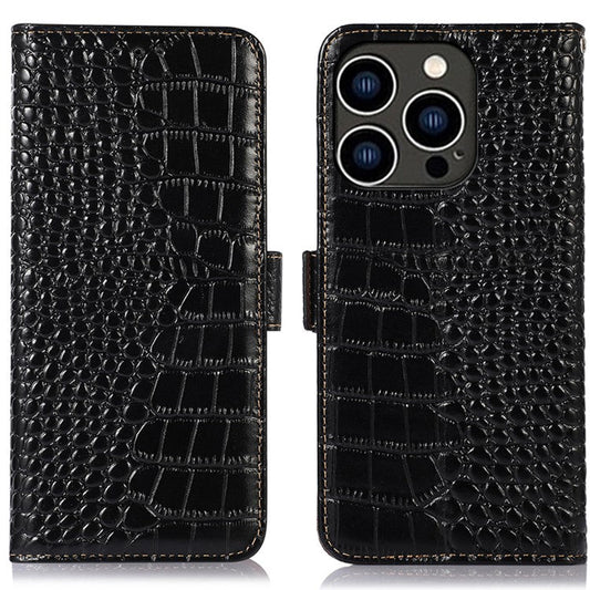 For iPhone 16 Pro Stand Case RFID Blocking Genuine Cow Leather Wallet Phone Cover - Black