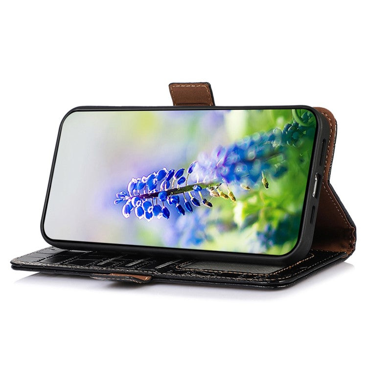 For iPhone 16 Pro Stand Case RFID Blocking Genuine Cow Leather Wallet Phone Cover - Black
