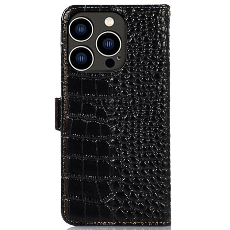 For iPhone 16 Pro Stand Case RFID Blocking Genuine Cow Leather Wallet Phone Cover - Black