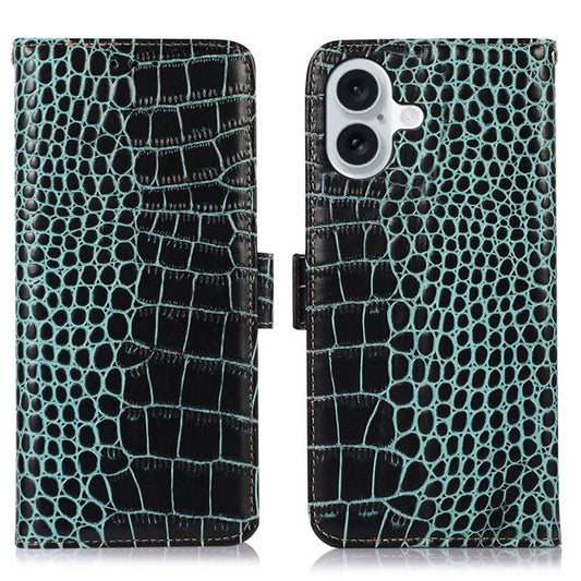 For iPhone 16 Plus Wallet Case RFID Blocking Genuine Cow Leather Phone Cover - Green