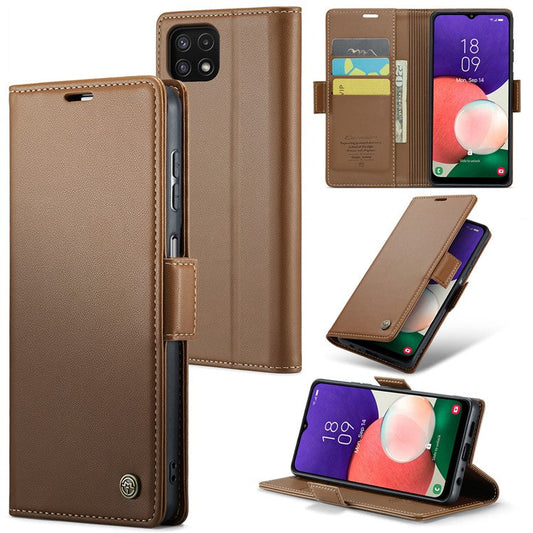 CASEME 023 Series For Samsung Galaxy A22 5G (EU Version) / F42 5G Wallet Case RFID Blocking Phone Cover - Brown