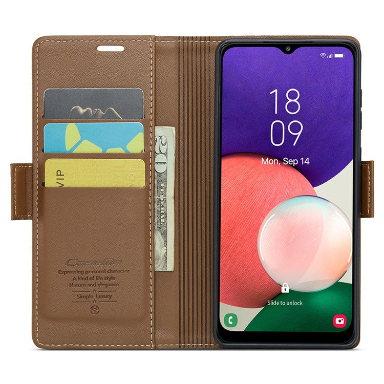 CASEME 023 Series For Samsung Galaxy A22 5G (EU Version) / F42 5G Wallet Case RFID Blocking Phone Cover - Brown