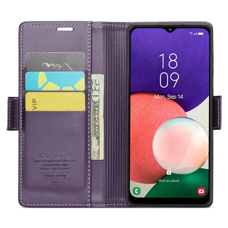 CASEME 023 Series For Samsung Galaxy A22 5G (EU Version) / F42 5G Wallet Case RFID Blocking Phone Cover - Purple