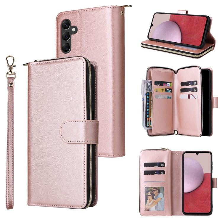 For Samsung Galaxy A14 5G Case 9 Card Slots PU Leather Zipper Phone Cover - Rose Gold