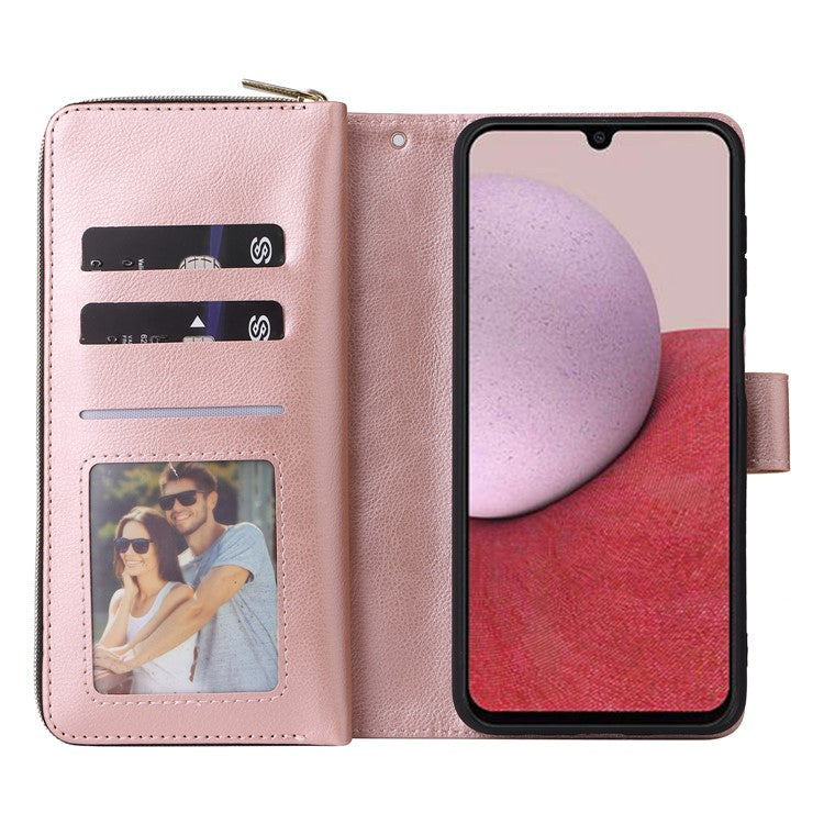 For Samsung Galaxy A14 5G Case 9 Card Slots PU Leather Zipper Phone Cover - Rose Gold