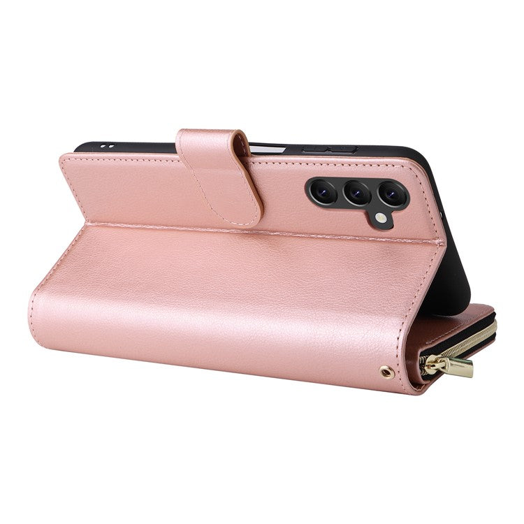 For Samsung Galaxy A14 5G Case 9 Card Slots PU Leather Zipper Phone Cover - Rose Gold