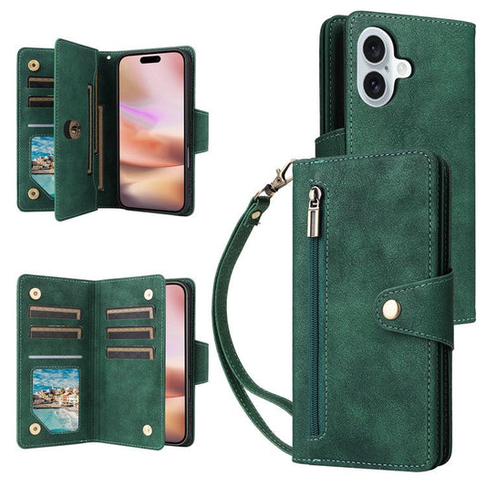 For iPhone 16 Plus Shockproof Case Rivet Decor PU Leather Zipper Wallet Phone Cover - Green