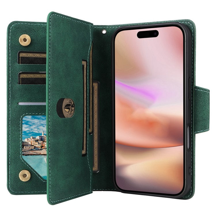 For iPhone 16 Plus Shockproof Case Rivet Decor PU Leather Zipper Wallet Phone Cover - Green