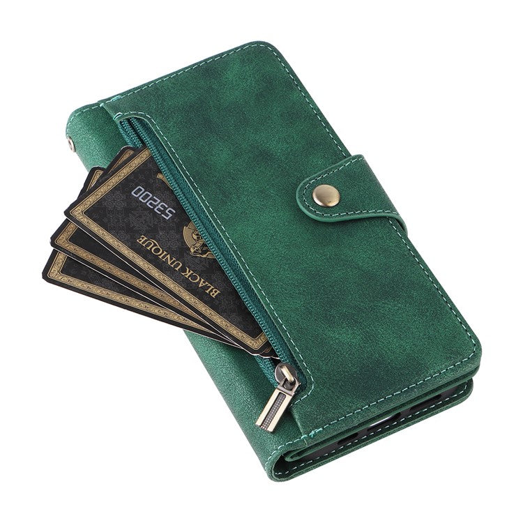 For iPhone 16 Plus Shockproof Case Rivet Decor PU Leather Zipper Wallet Phone Cover - Green