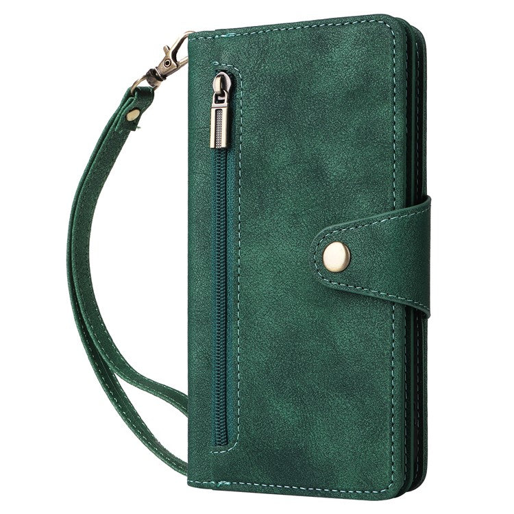 For iPhone 16 Plus Shockproof Case Rivet Decor PU Leather Zipper Wallet Phone Cover - Green
