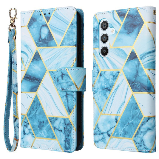 For Samsung Galaxy A54 5G Case with Wrist Strap Wallet Leather Phone Cover Marble Pattern -  Blue
