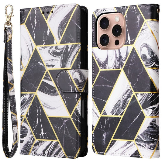 For iPhone 16 Pro Case Lacquered Leather Phone Shell Marble Pattern Design - Black