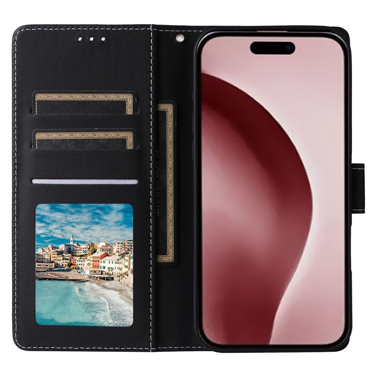 For iPhone 16 Pro Case Lacquered Leather Phone Shell Marble Pattern Design - Black