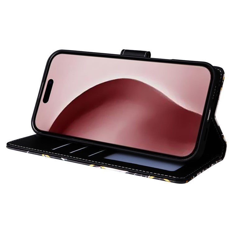 For iPhone 16 Pro Case Lacquered Leather Phone Shell Marble Pattern Design - Black