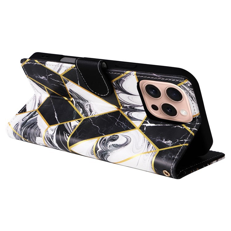 For iPhone 16 Pro Case Lacquered Leather Phone Shell Marble Pattern Design - Black
