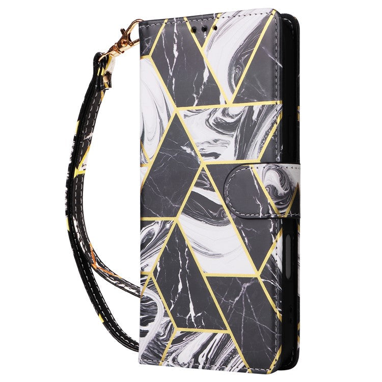 For iPhone 16 Pro Case Lacquered Leather Phone Shell Marble Pattern Design - Black