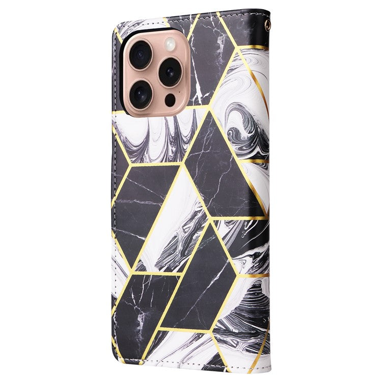 For iPhone 16 Pro Case Lacquered Leather Phone Shell Marble Pattern Design - Black