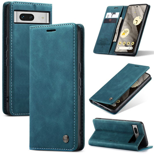 CASEME 013 Series For Google Pixel 7a Case Card Holder Stand Leather Phone Cover - Blue