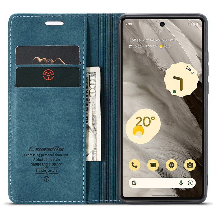 CASEME 013 Series For Google Pixel 7a Case Card Holder Stand Leather Phone Cover - Blue