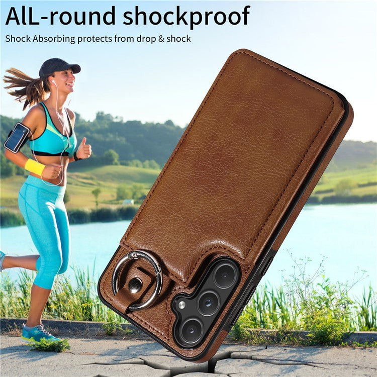 003 For Samsung Galaxy A55 5G Case Card Slots Ring Kickstand PU Leather+TPU Phone Cover - Brown