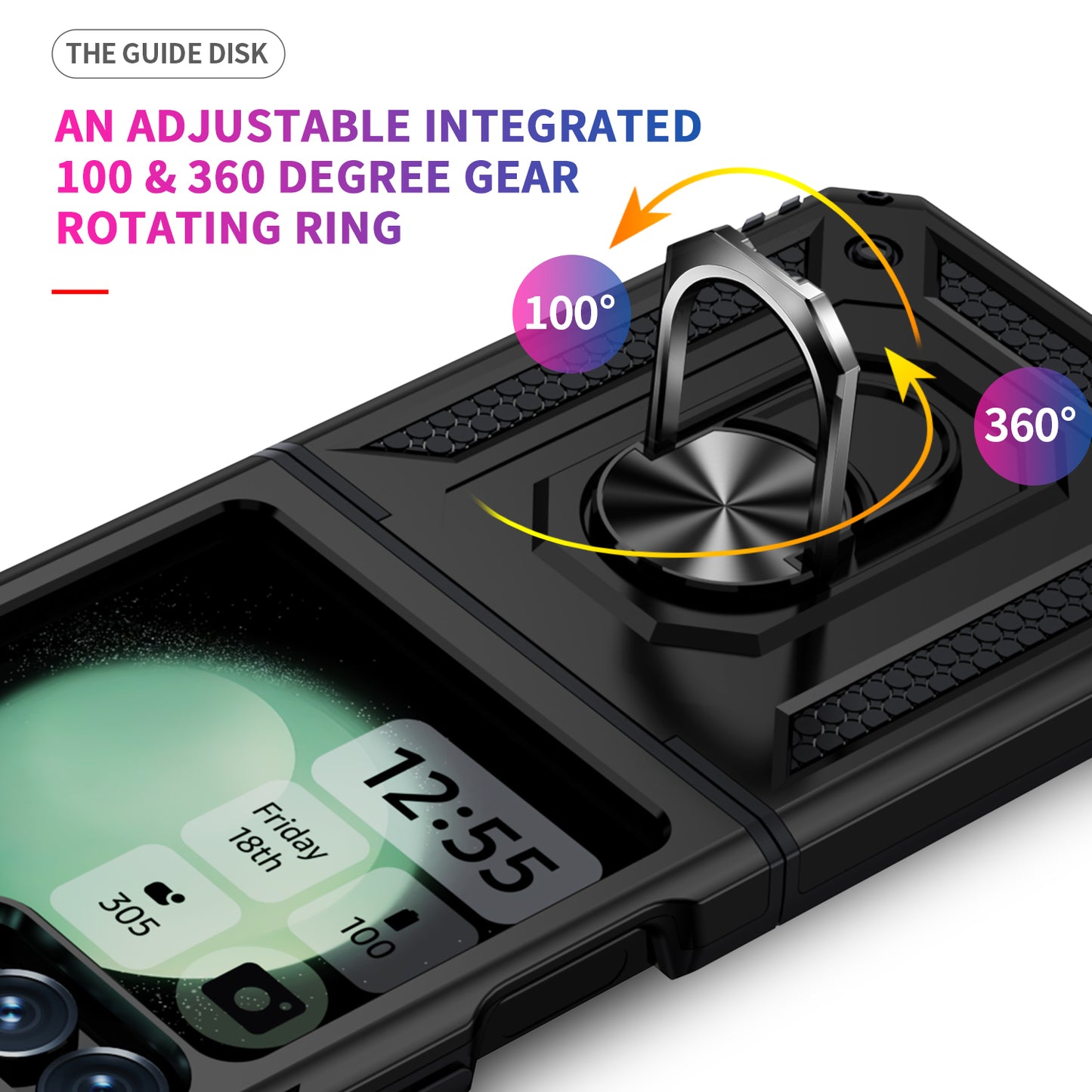 For Samsung Galaxy Z Flip5 5G Case TPU+PC Phone Cover with Ring Kickstand Drop Protection - Black