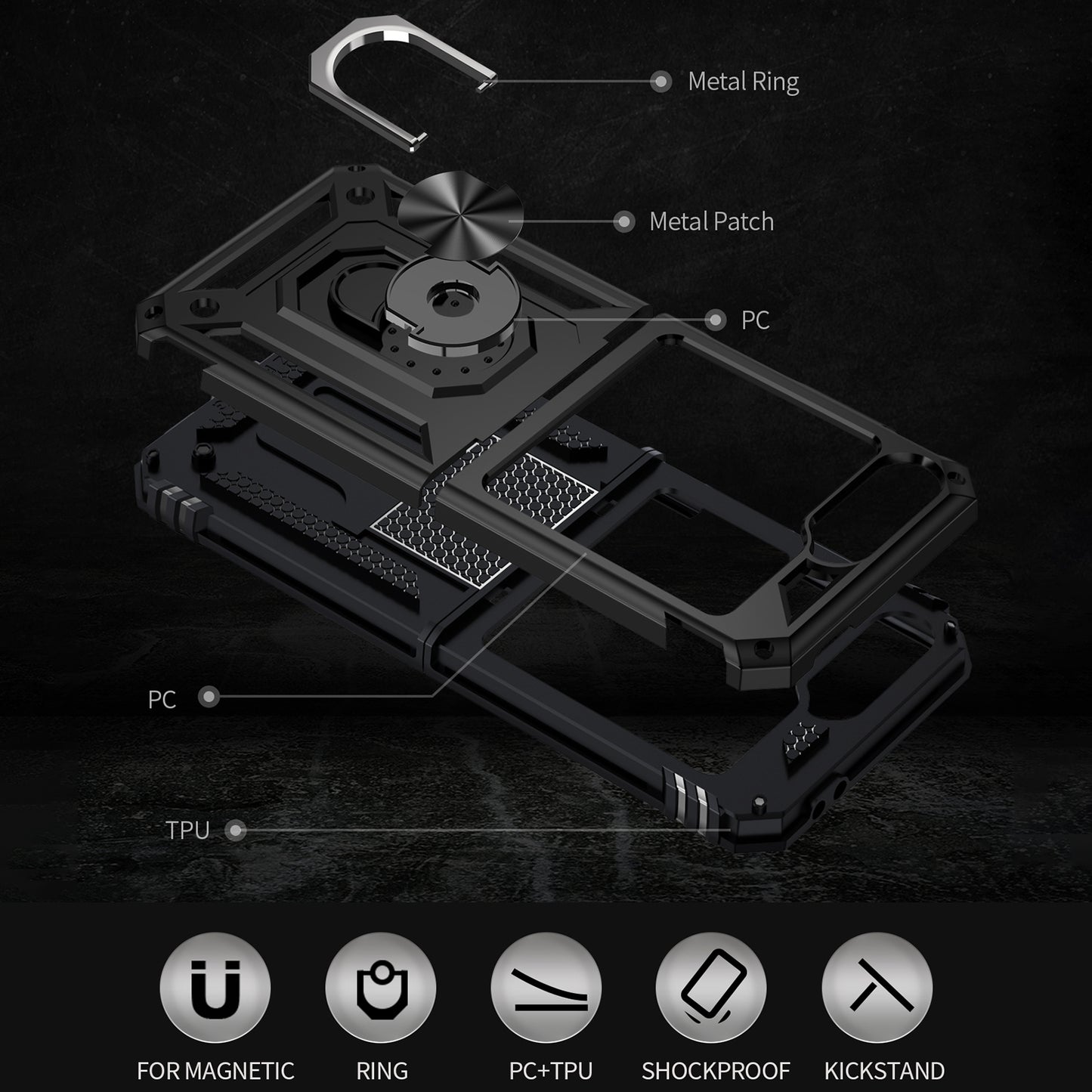For Samsung Galaxy Z Flip5 5G Case TPU+PC Phone Cover with Ring Kickstand Drop Protection - Black
