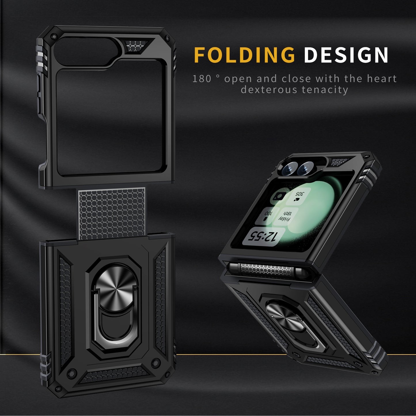 For Samsung Galaxy Z Flip5 5G Case TPU+PC Phone Cover with Ring Kickstand Drop Protection - Black