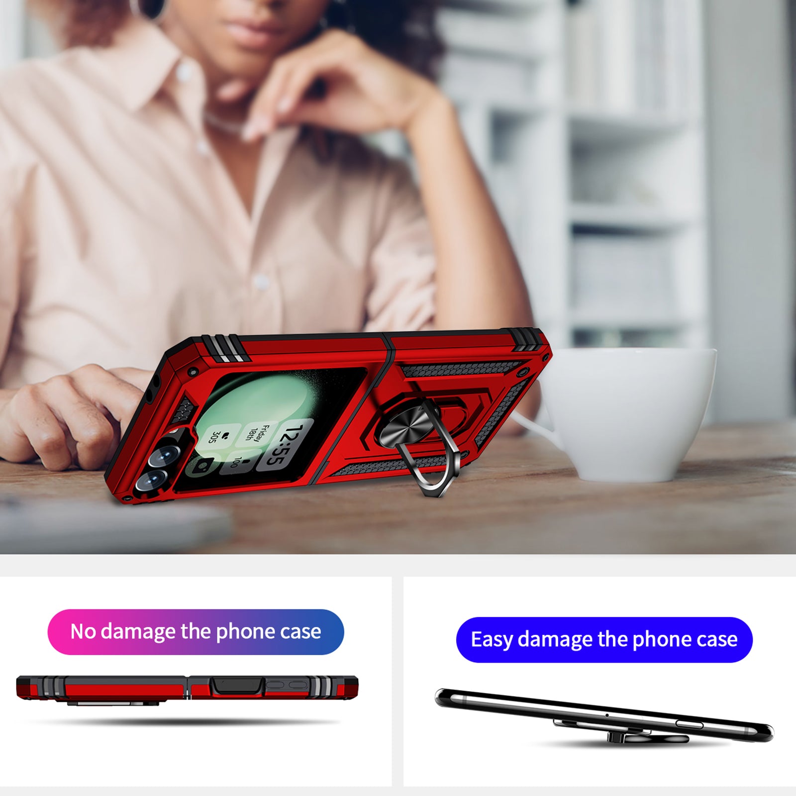 For Samsung Galaxy Z Flip5 5G Case TPU+PC Phone Cover with Ring Kickstand Drop Protection - Red