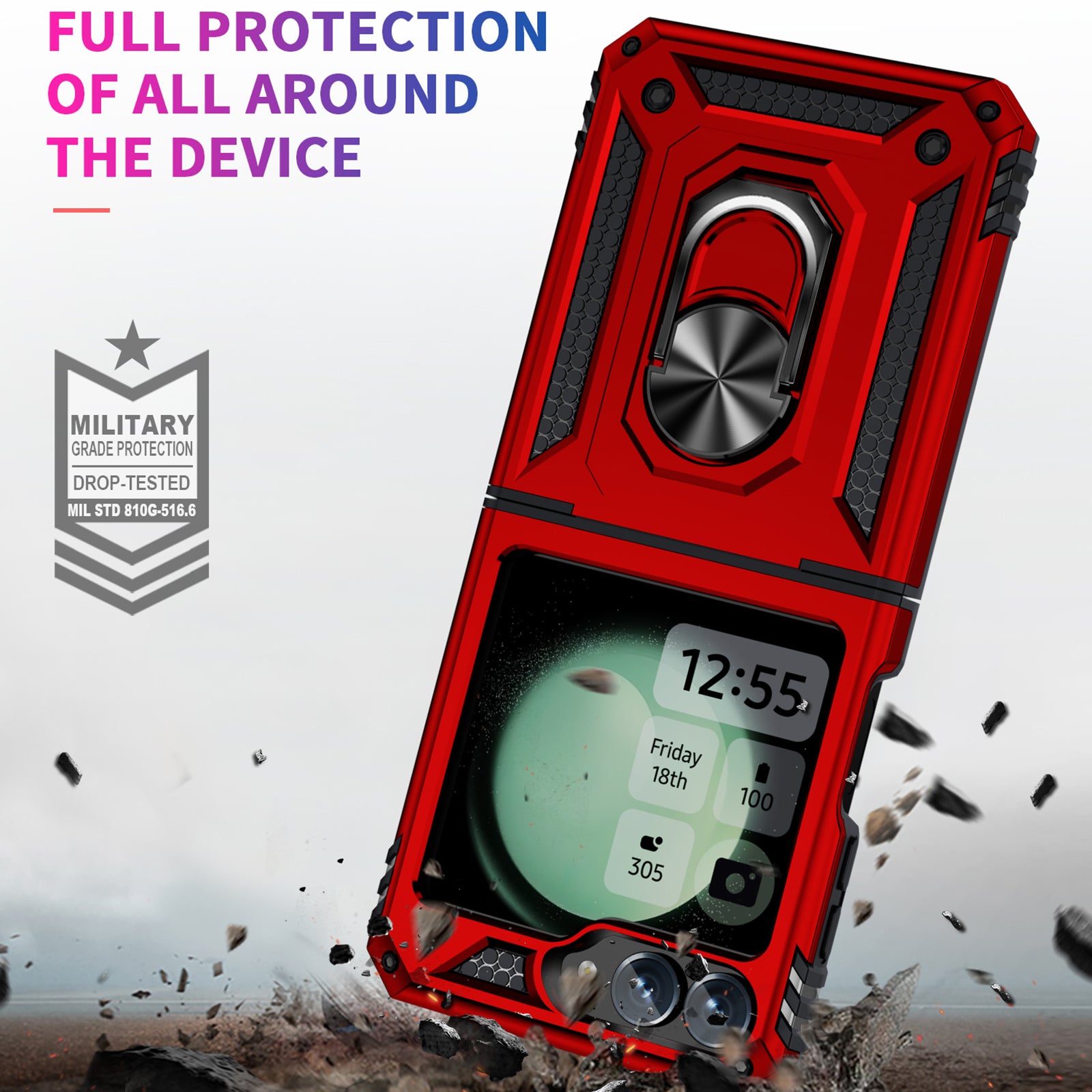 For Samsung Galaxy Z Flip5 5G Case TPU+PC Phone Cover with Ring Kickstand Drop Protection - Red
