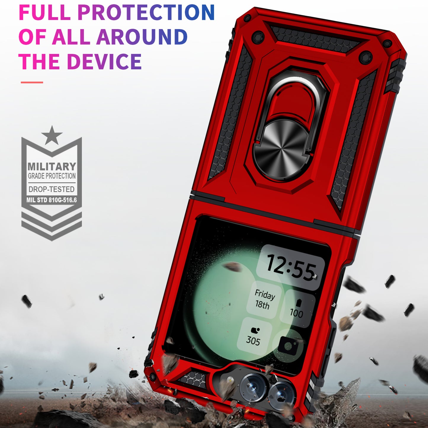 For Samsung Galaxy Z Flip5 5G Case TPU+PC Phone Cover with Ring Kickstand Drop Protection - Red