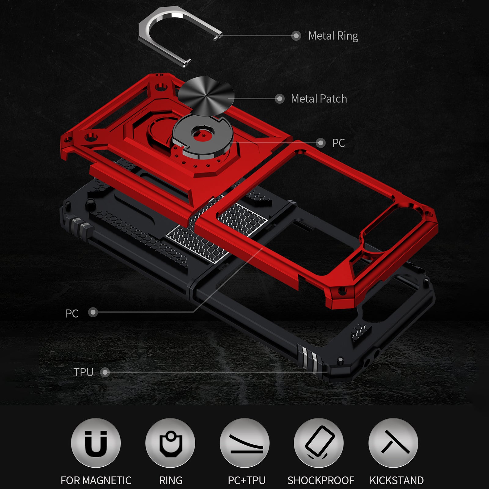 For Samsung Galaxy Z Flip5 5G Case TPU+PC Phone Cover with Ring Kickstand Drop Protection - Red