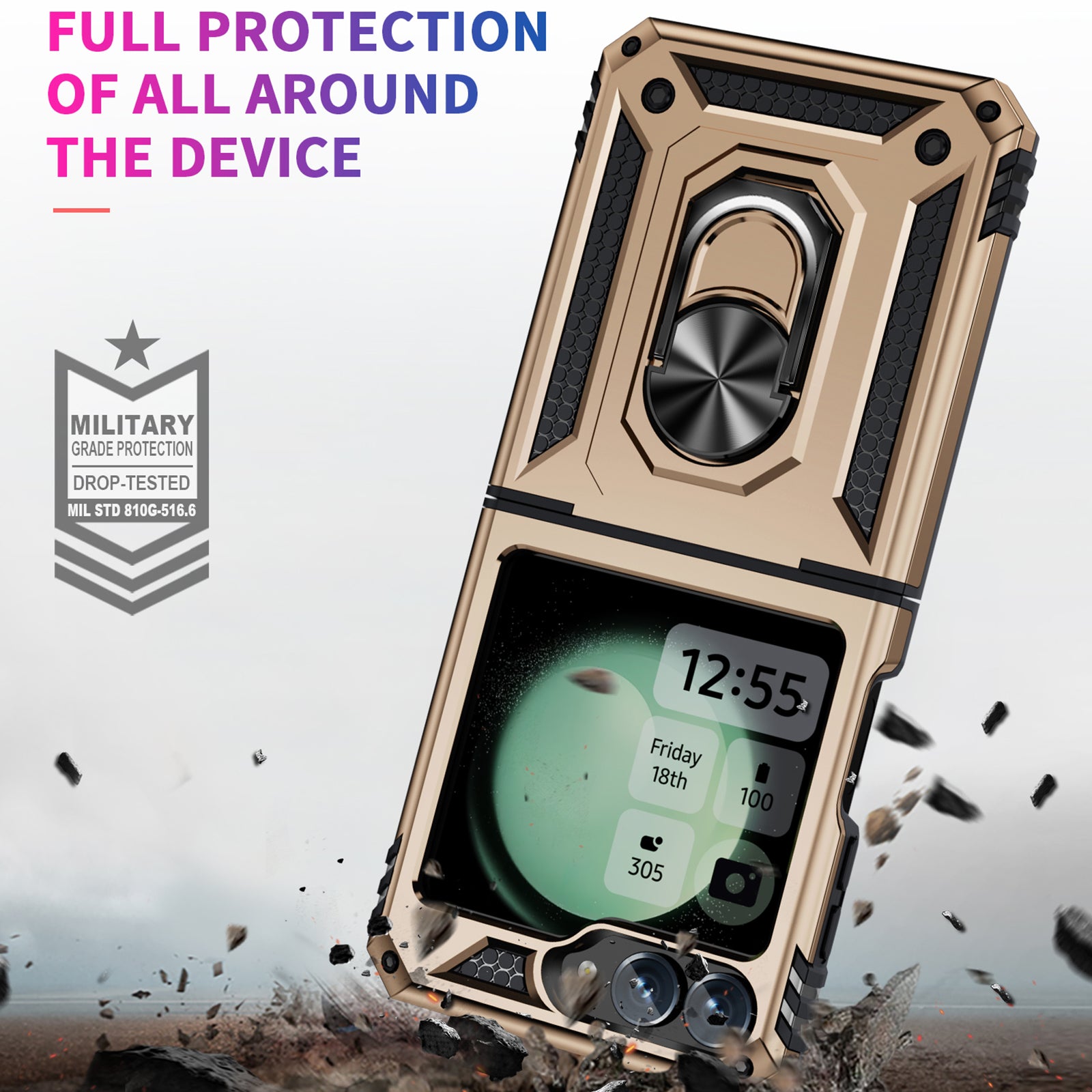 For Samsung Galaxy Z Flip5 5G Case TPU+PC Phone Cover with Ring Kickstand Drop Protection - Gold