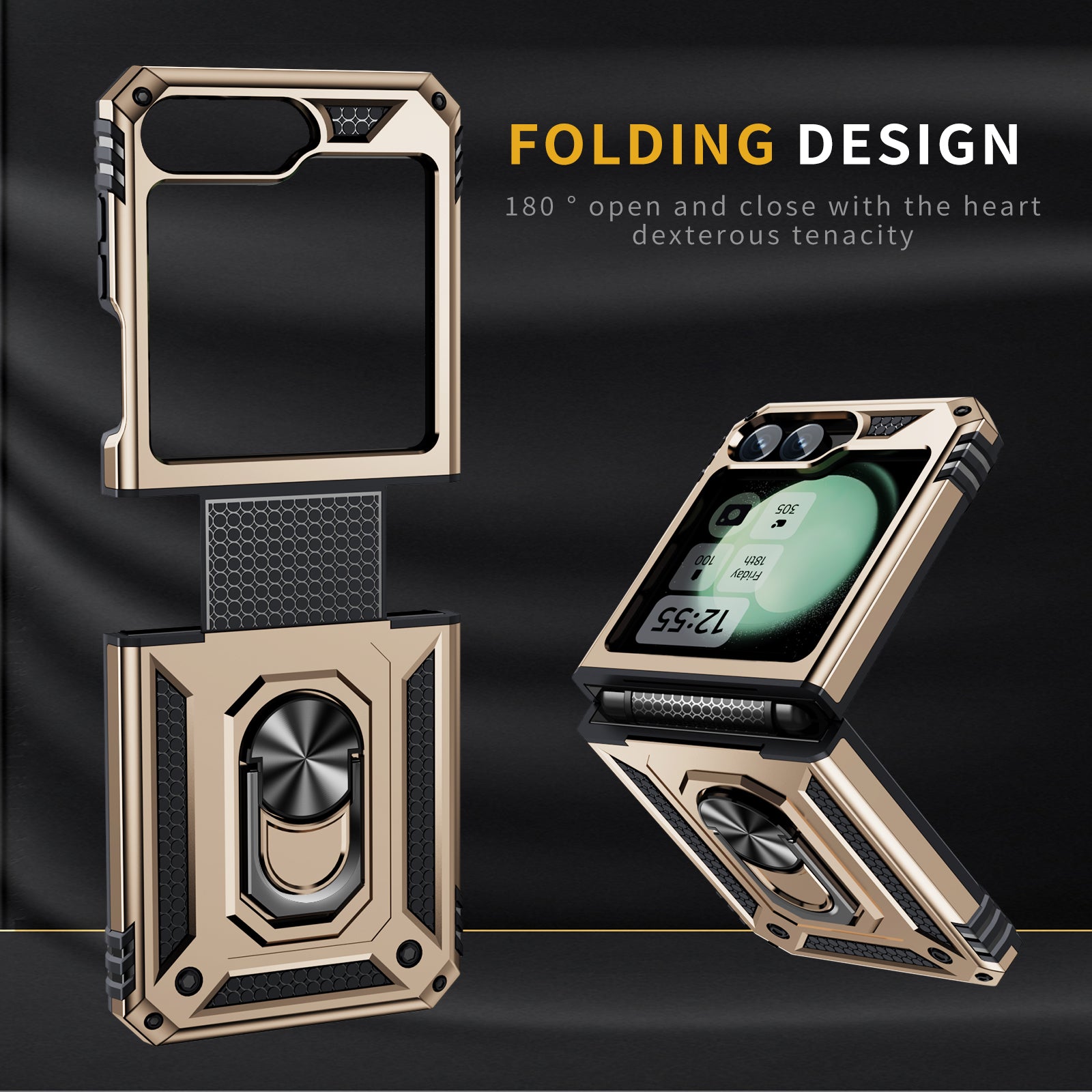 For Samsung Galaxy Z Flip5 5G Case TPU+PC Phone Cover with Ring Kickstand Drop Protection - Gold