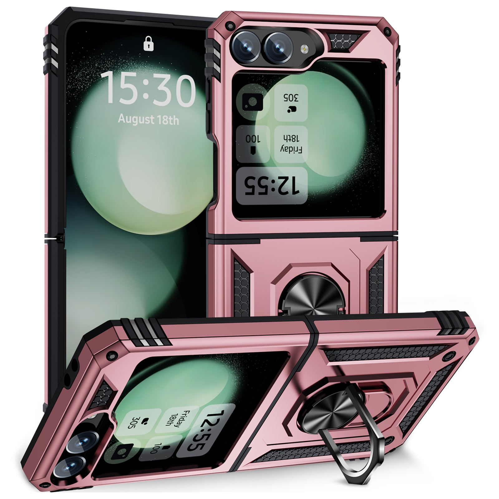 For Samsung Galaxy Z Flip5 5G Case TPU+PC Phone Cover with Ring Kickstand Drop Protection - Rose Gold