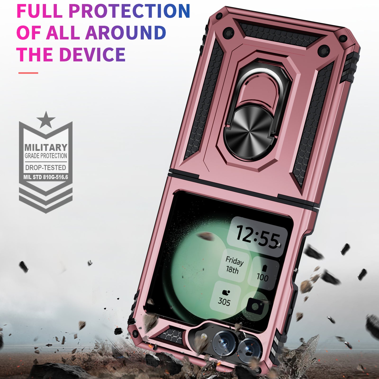 For Samsung Galaxy Z Flip5 5G Case TPU+PC Phone Cover with Ring Kickstand Drop Protection - Rose Gold