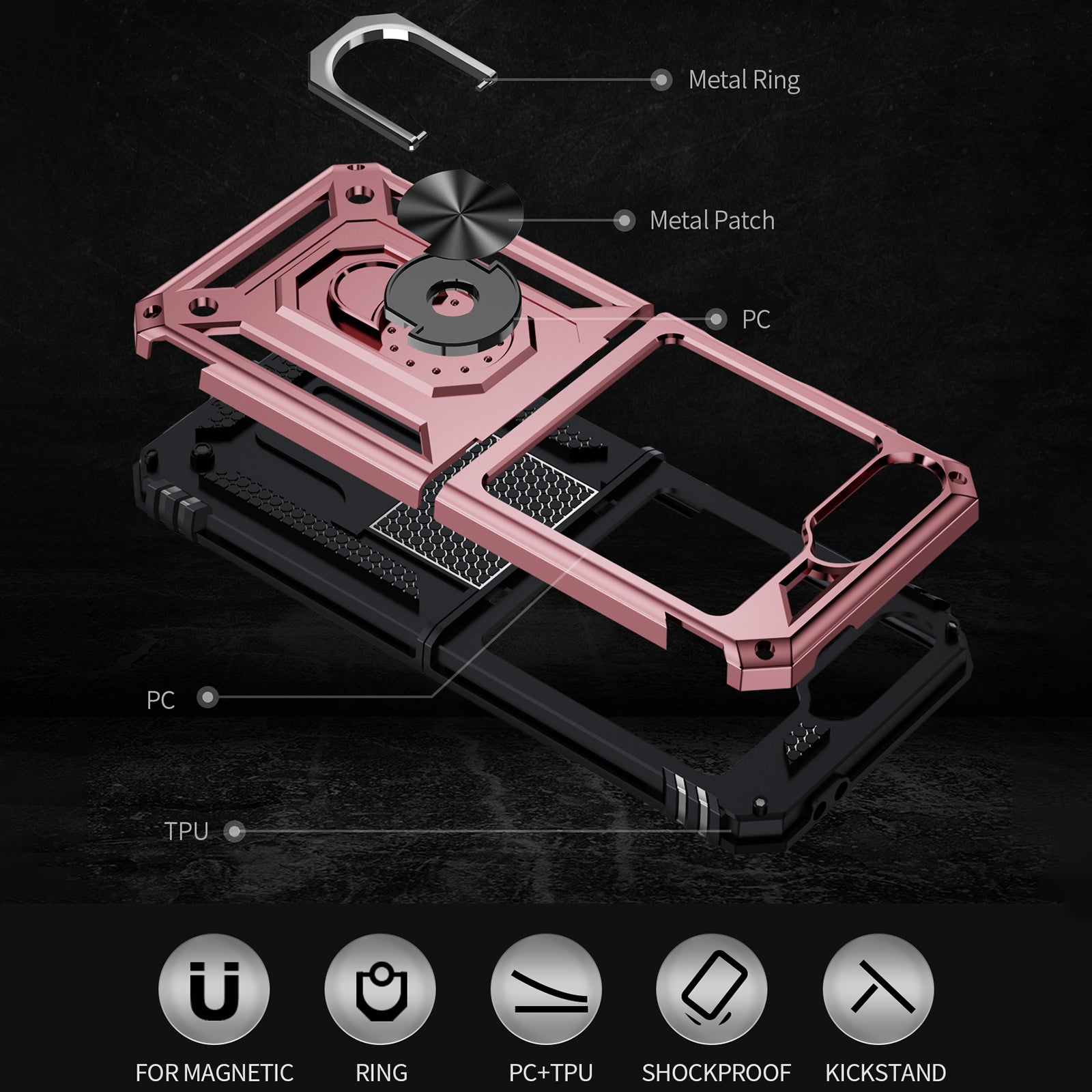 For Samsung Galaxy Z Flip5 5G Case TPU+PC Phone Cover with Ring Kickstand Drop Protection - Rose Gold