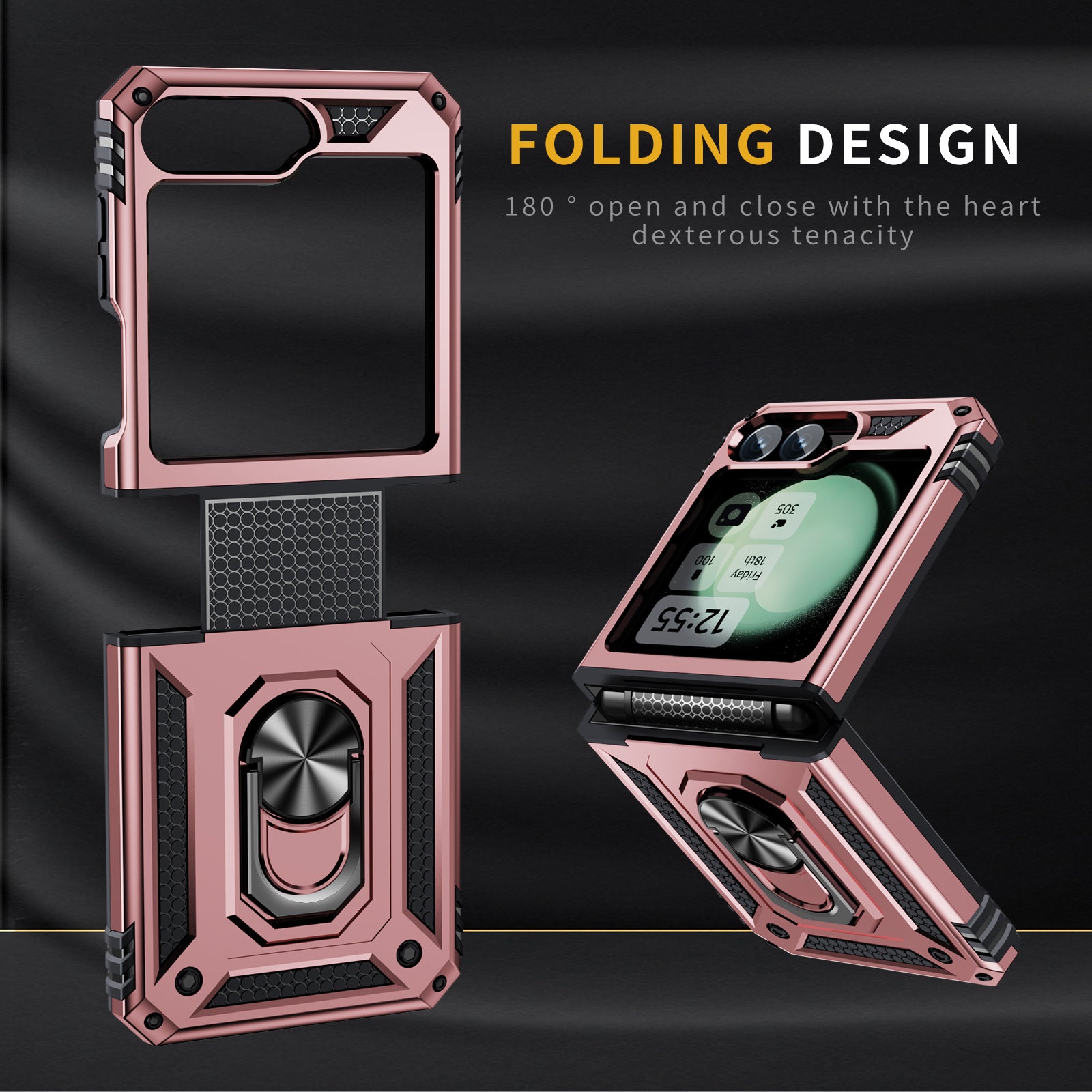 For Samsung Galaxy Z Flip5 5G Case TPU+PC Phone Cover with Ring Kickstand Drop Protection - Rose Gold