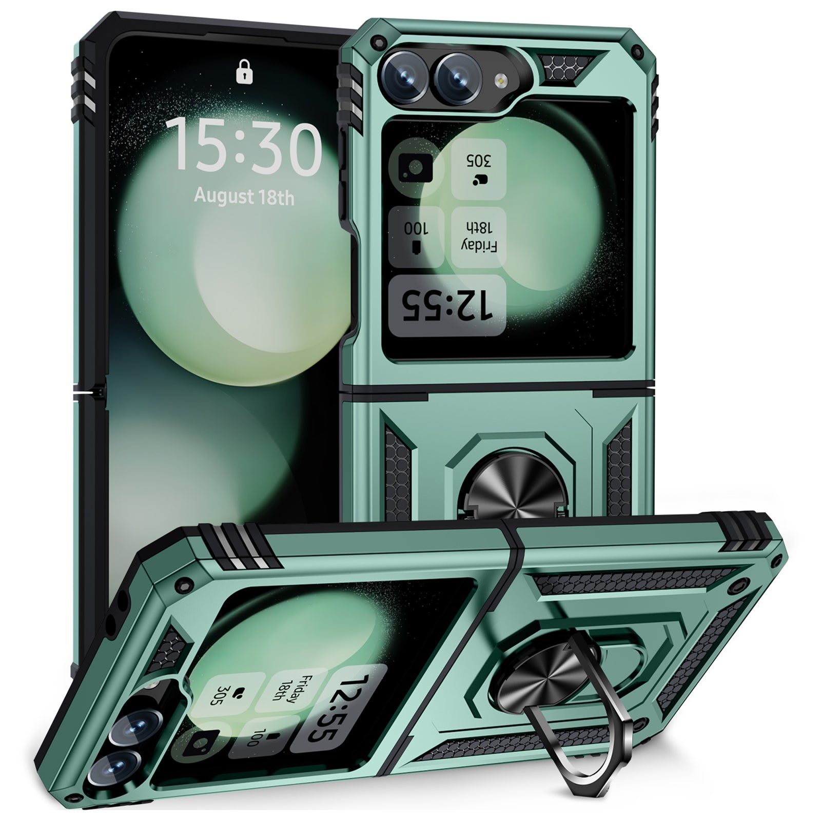 For Samsung Galaxy Z Flip5 5G Case TPU+PC Phone Cover with Ring Kickstand Drop Protection - Blackish Green