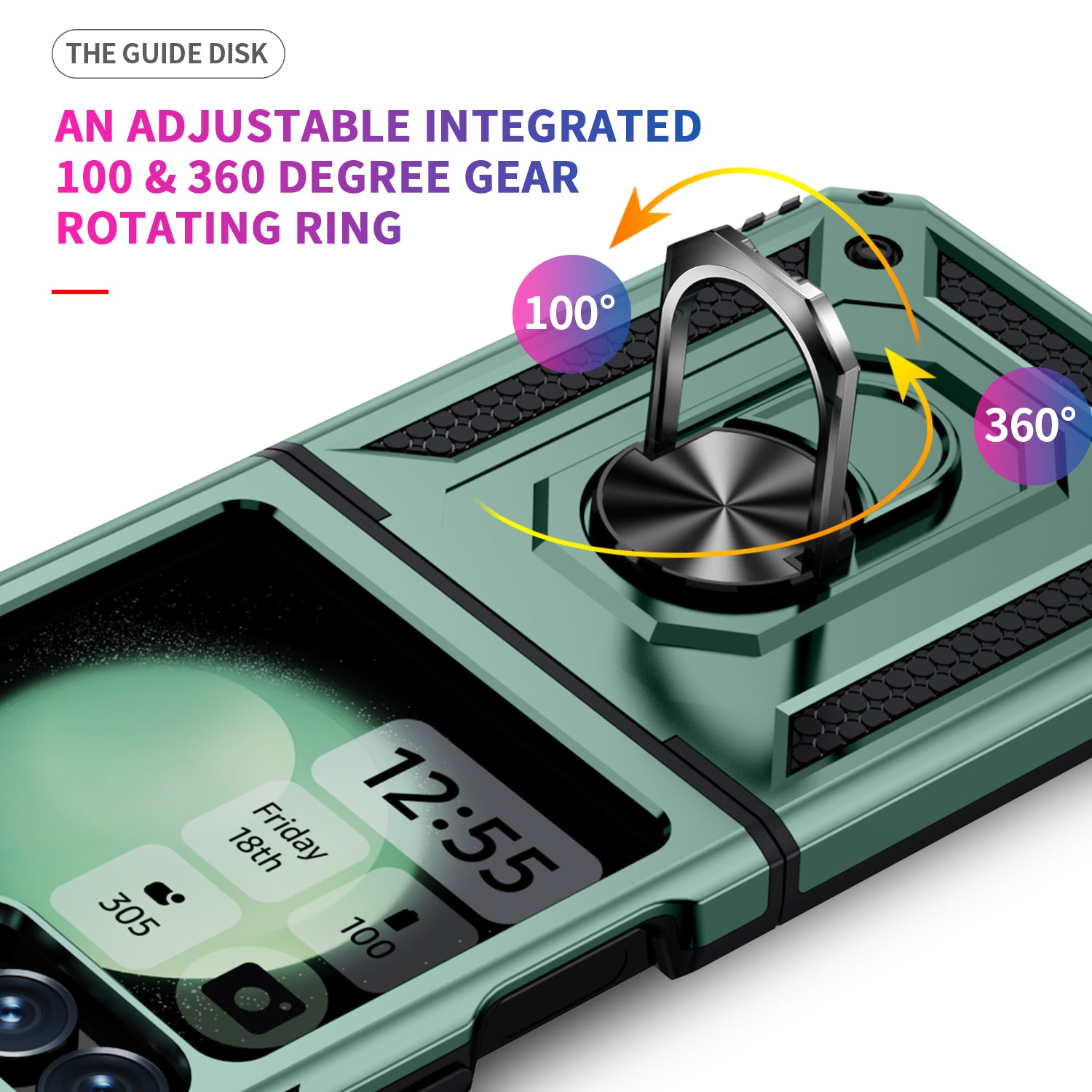 For Samsung Galaxy Z Flip5 5G Case TPU+PC Phone Cover with Ring Kickstand Drop Protection - Blackish Green