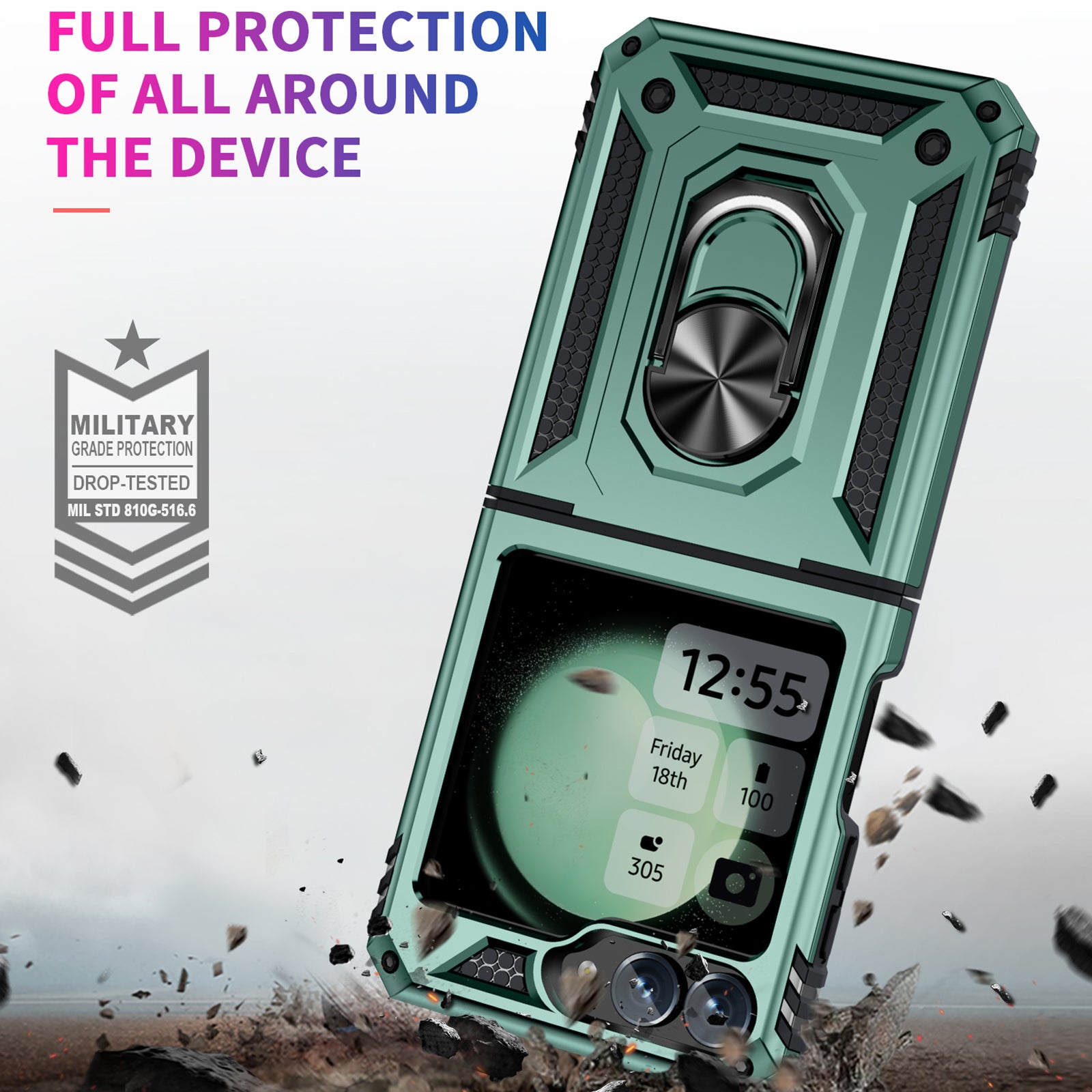For Samsung Galaxy Z Flip5 5G Case TPU+PC Phone Cover with Ring Kickstand Drop Protection - Blackish Green